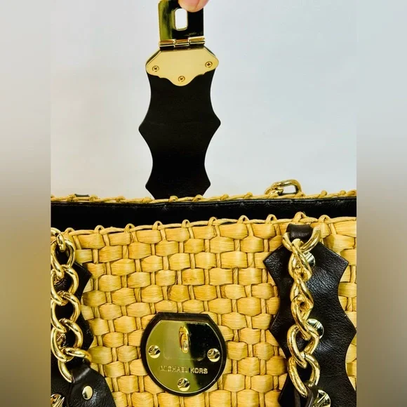 Michael Kors Santorini Raffia Woven Handbag Tote, Brown Leather/Gold Chain Strap - Picture 8 of 15